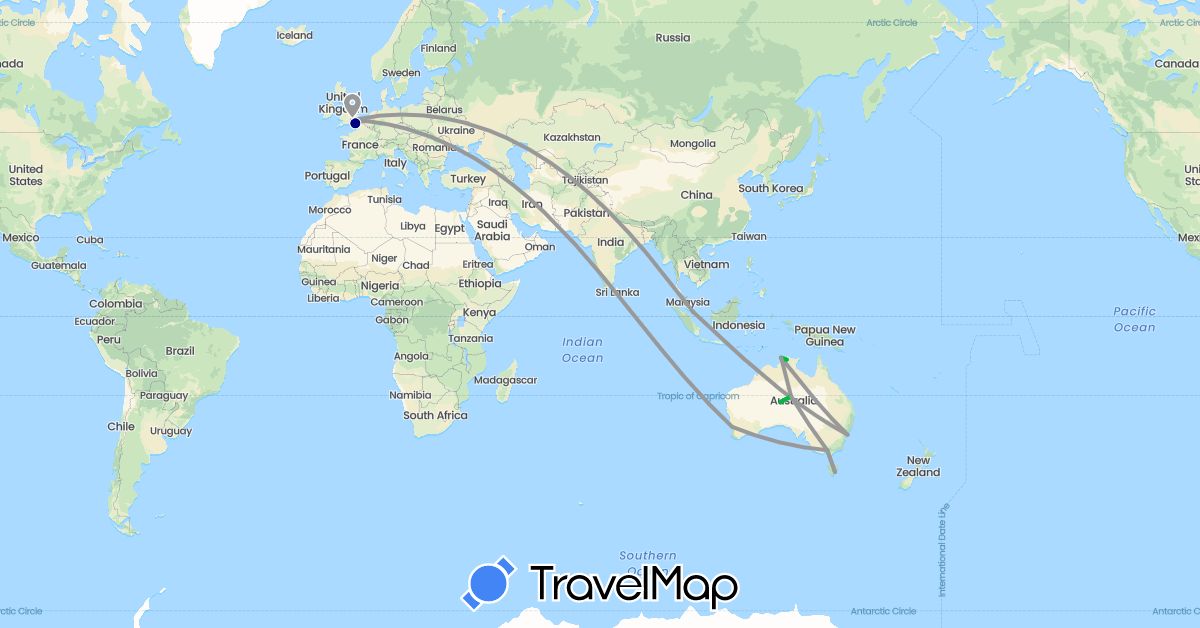 TravelMap itinerary: driving, bus, plane in Australia, United Kingdom, Singapore (Asia, Europe, Oceania)